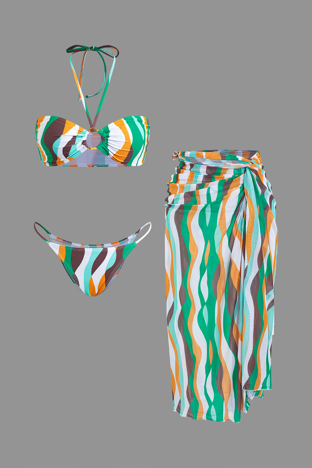 Contrast Mesh Halter Bikini 3-Piece Sets