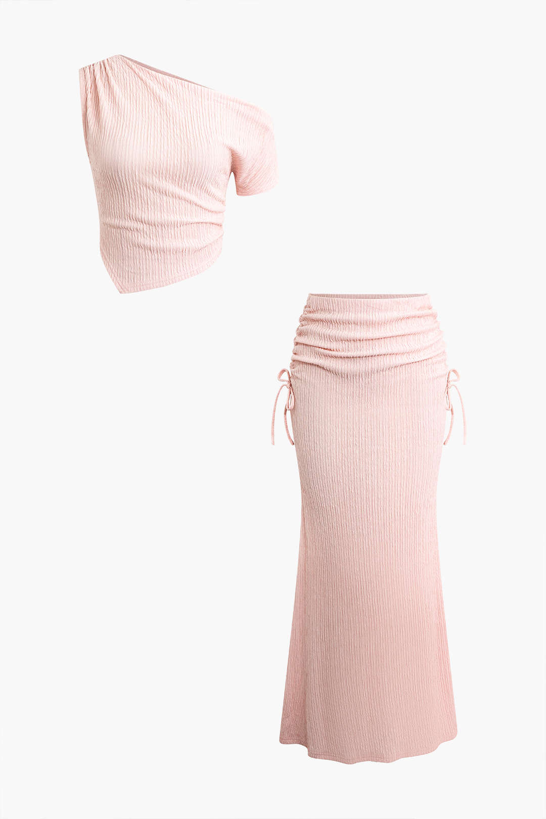 Asymmetric Texture Top and Ruched Skirt Set