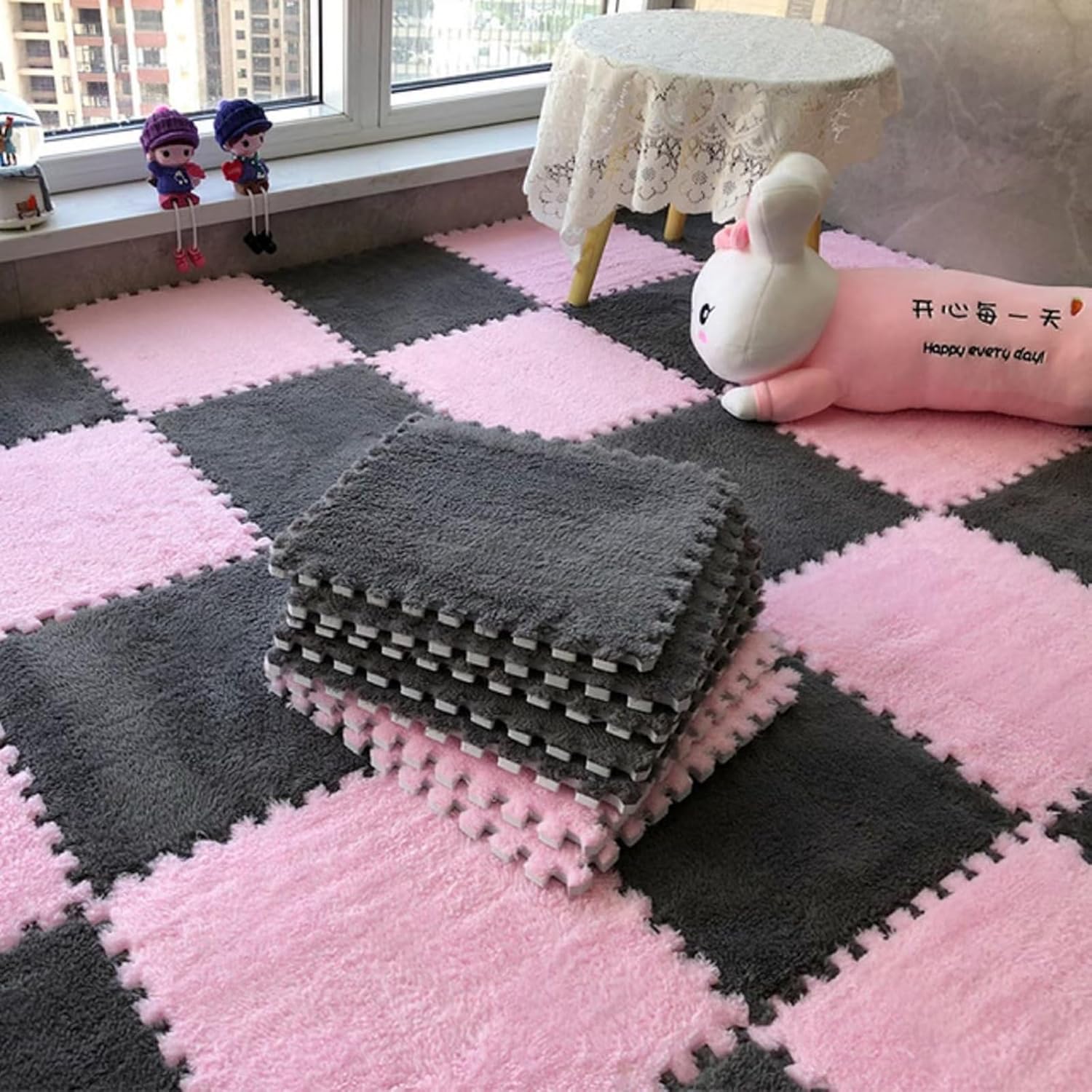 Emmaelly 10pcs Plush Puzzle Foam Floor Mat, Soft Fluffy Interlocking Square Foam Tiles Area Rugs Carpet for Parlor Bedroom Decoration(11.8x11.8in, Grey&Pink)