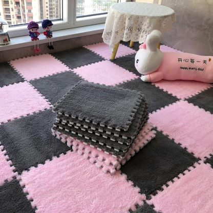 Emmaelly 10pcs Plush Puzzle Foam Floor Mat, Soft Fluffy Interlocking Square Foam Tiles Area Rugs Carpet for Parlor Bedroom Decoration(11.8x11.8in, Grey&Pink)