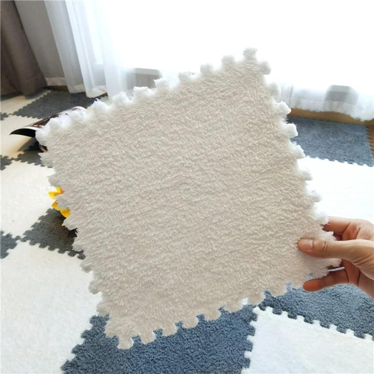 Emmaelly 10pcs Plush Puzzle Foam Floor Mat, Soft Fluffy Interlocking Square Foam Tiles Area Rugs Carpet for Parlor Bedroom Decoration(11.8x11.8in, Grey&Pink)
