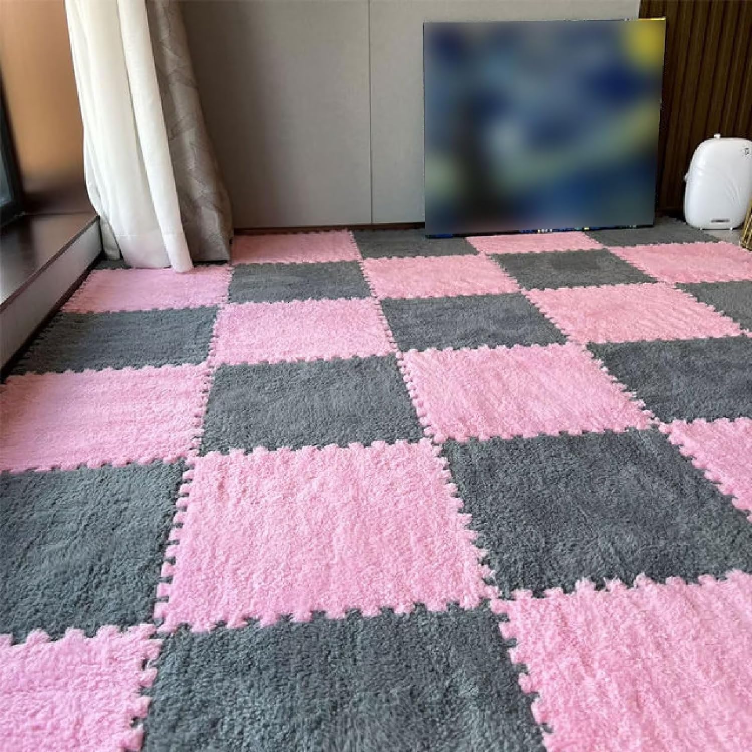 Emmaelly 10pcs Plush Puzzle Foam Floor Mat, Soft Fluffy Interlocking Square Foam Tiles Area Rugs Carpet for Parlor Bedroom Decoration(11.8x11.8in, Grey&Pink)