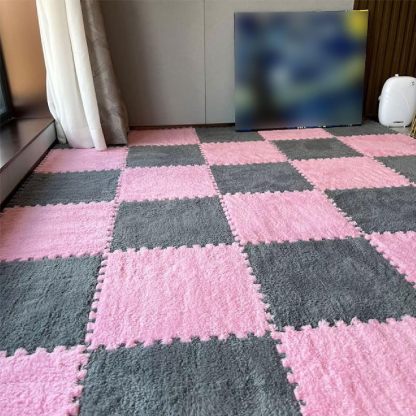 Emmaelly 10pcs Plush Puzzle Foam Floor Mat, Soft Fluffy Interlocking Square Foam Tiles Area Rugs Carpet for Parlor Bedroom Decoration(11.8x11.8in, Grey&Pink)