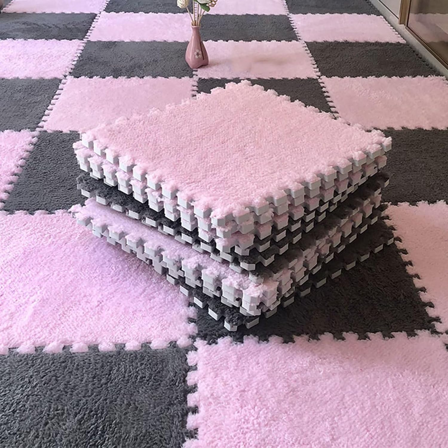 Emmaelly 10pcs Plush Puzzle Foam Floor Mat, Soft Fluffy Interlocking Square Foam Tiles Area Rugs Carpet for Parlor Bedroom Decoration(11.8x11.8in, Grey&Pink)