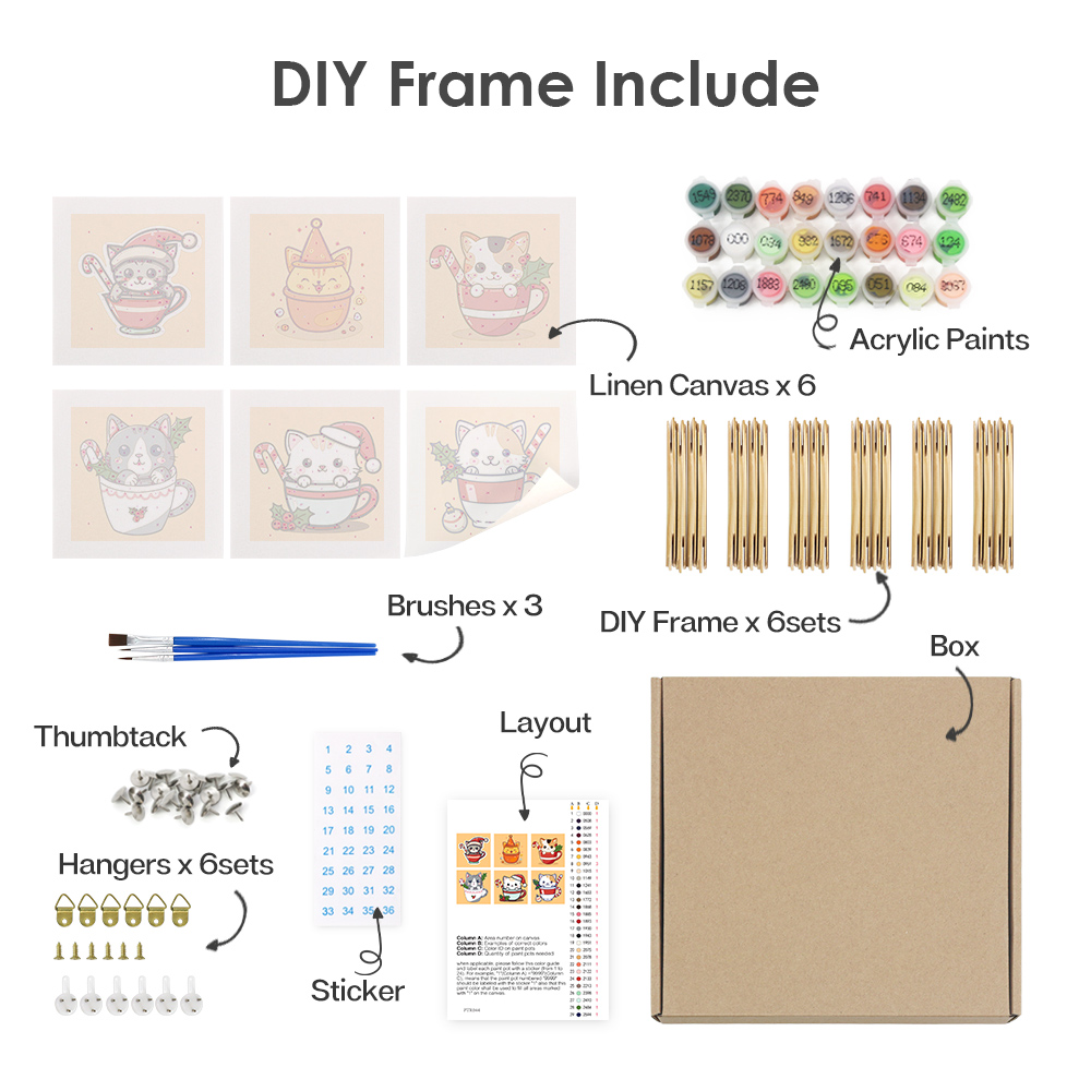 6 pieces, cute cat accessory digital mini painted set, 15x15cm/5.9x5.9 inches, handmade for home leisure, perfect gift for family and friends.
