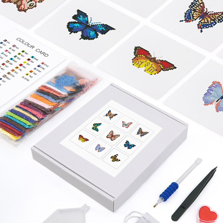 Frameless, mini diamond painting, butterfly creative mini diamond painting on the entrance flower house desktop, creative simple pattern diamond painting, 9 pcs, 5.9 X5.9 inches.