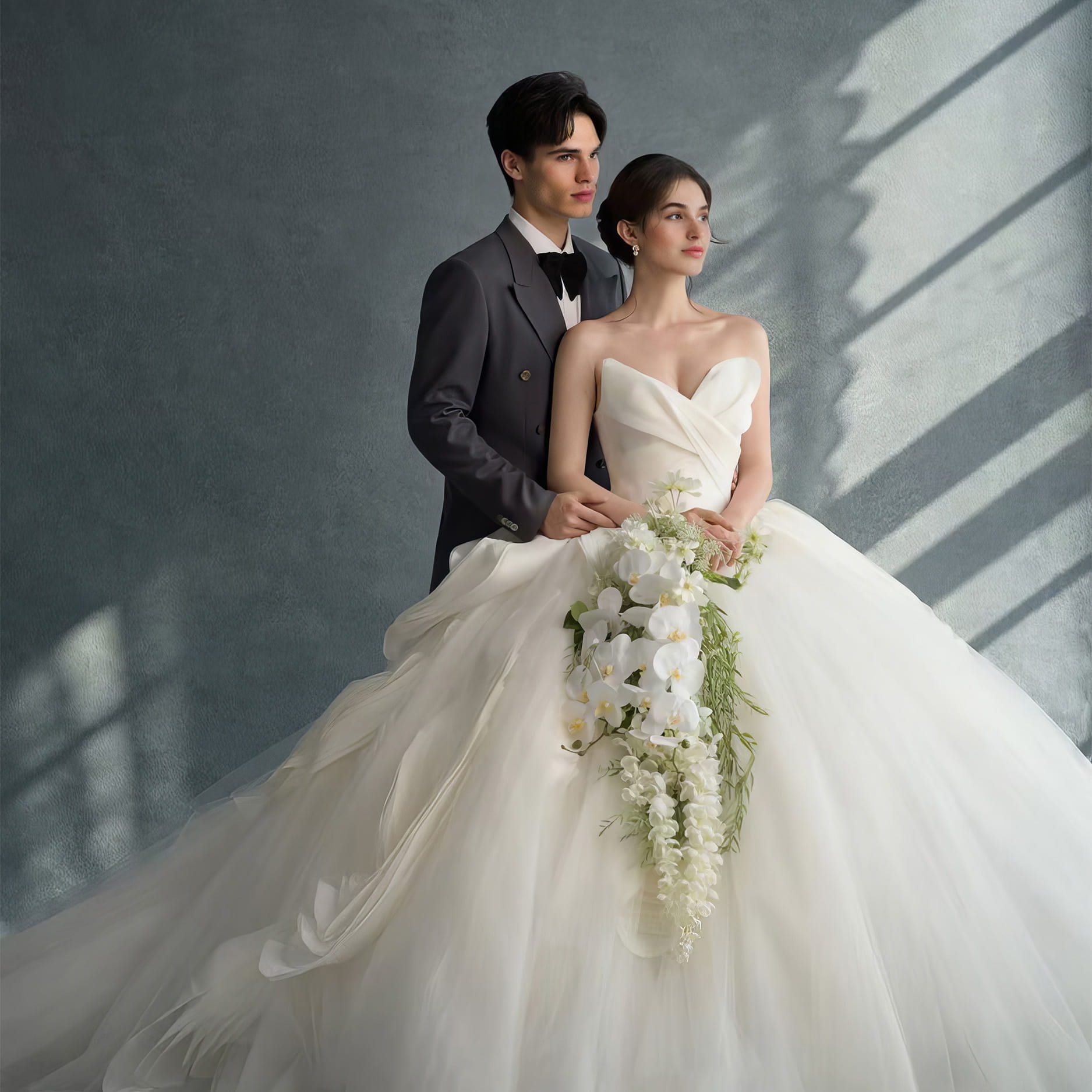 Elegant Cascading Bridal Bouquet with White Orchids and Greenery - High-Quality Artificial Flowers for Weddings and Special Occasions, Sophisticated Design and Lasting Beauty