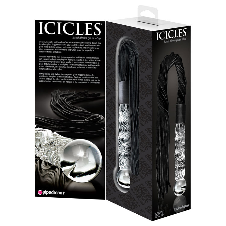 Icicles No 38 Glass Dildo with Leather Cat-O-Nine Tails 6.75 Inches | UberKinky