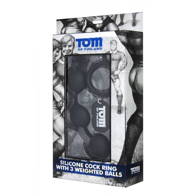 Tom of Finland Silicone Cock Ring with 3 Weighted Balls 6 Inches | UberKinky