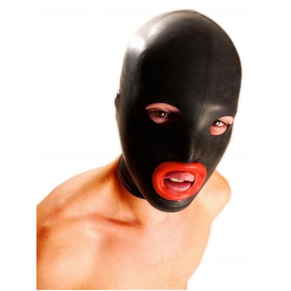 M&K Products Rubber Bondage Hood With Red Lips | UberKinky