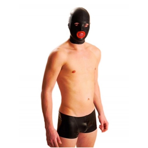 M&K Products Rubber Bondage Hood With Red Lips | UberKinky