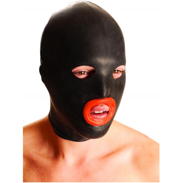 M&K Rubber Bondage Hood With Red Lips 1