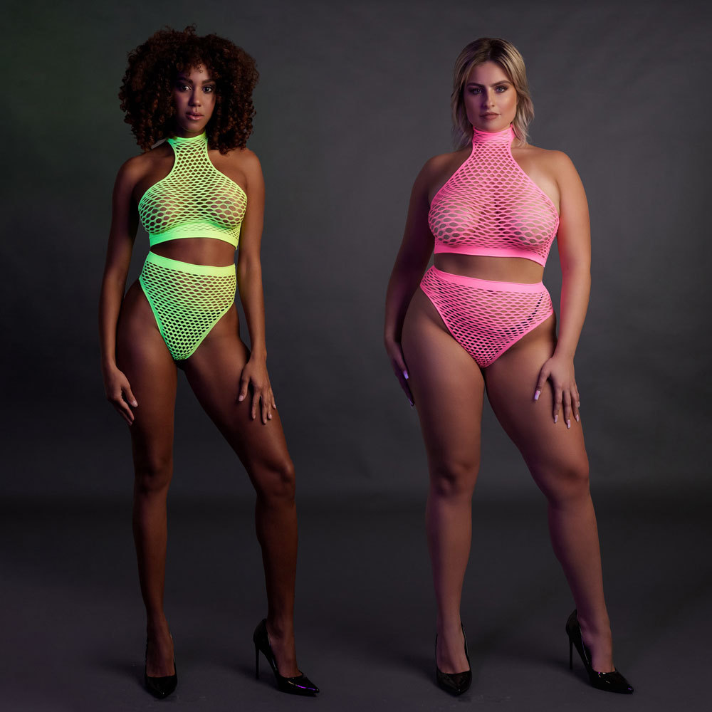 Ouch! Glow in the Dark Turtle Neck and High Waist Slip 2-Piece Bodystocking | UberKinky