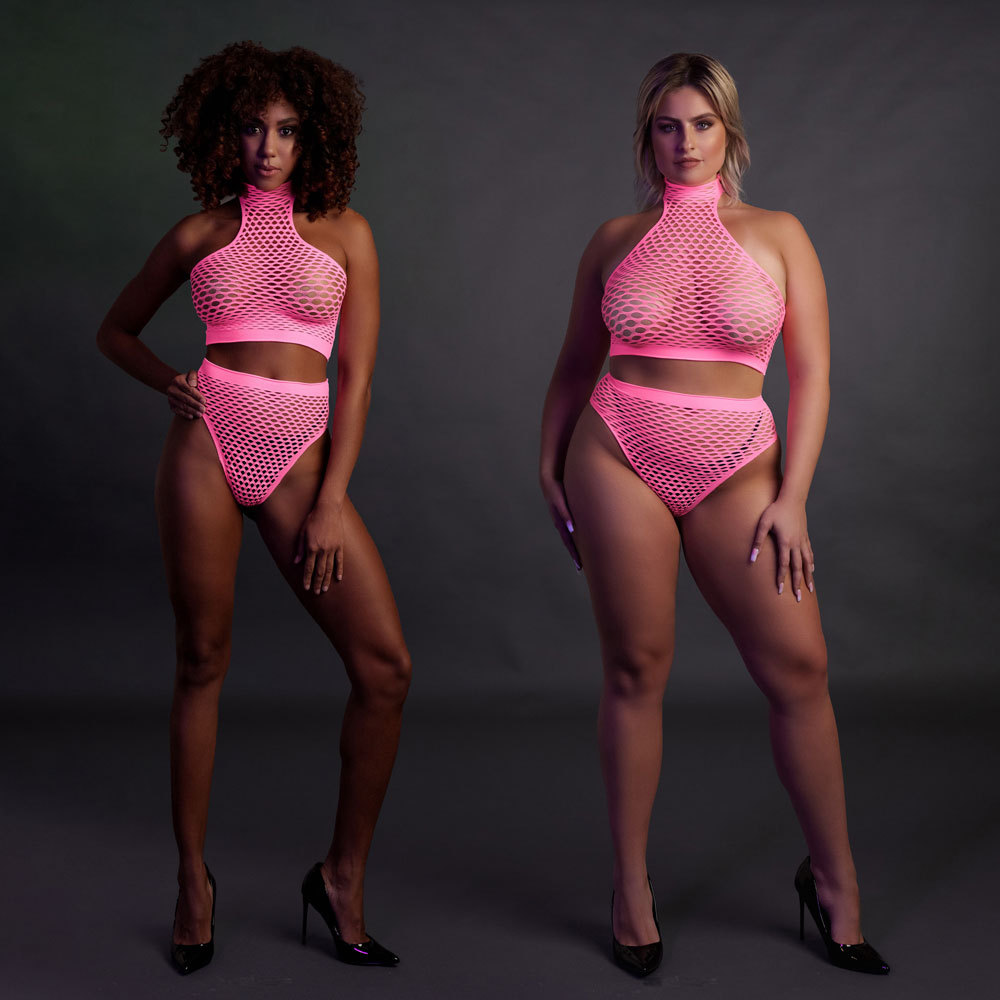 Ouch! Glow in the Dark Turtle Neck and High Waist Slip 2-Piece Bodystocking | UberKinky
