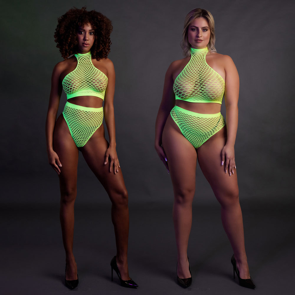 Ouch! Glow in the Dark Turtle Neck and High Waist Slip 2-Piece Bodystocking | UberKinky