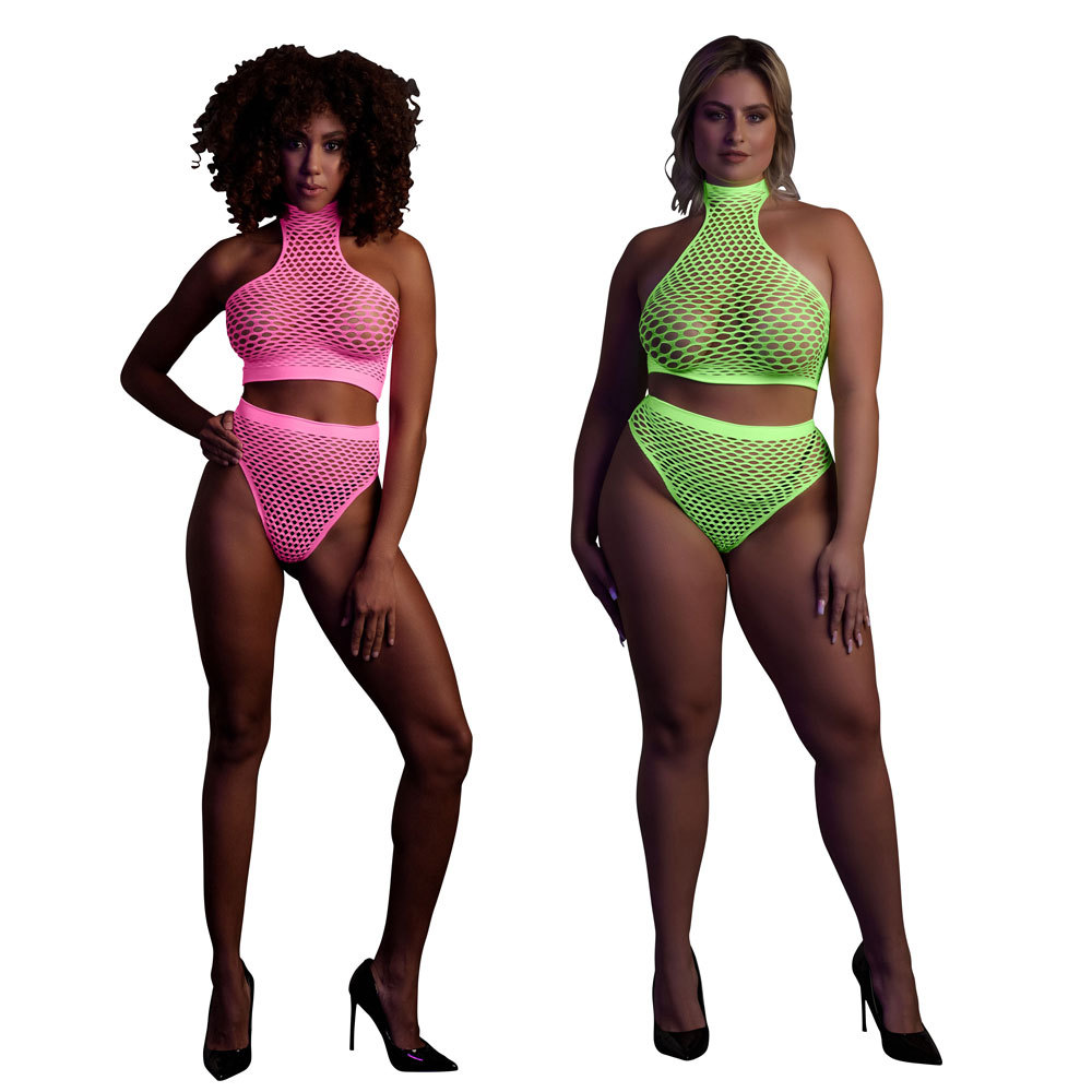 Ouch! Glow in the Dark Turtle Neck and High Waist Slip 2-Piece Bodystocking | UberKinky