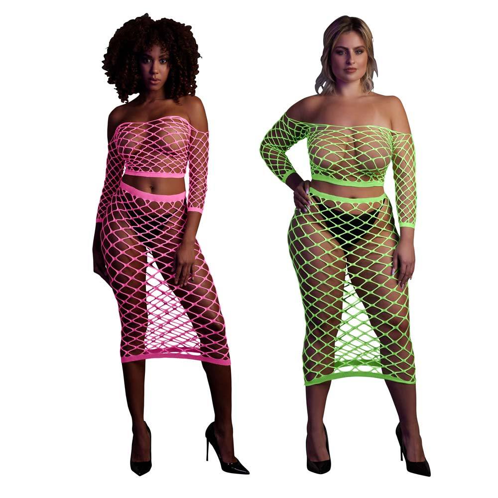 Ouch! Glow in the Dark Long Sleeve Crop Top and Long Skirt | UberKinky