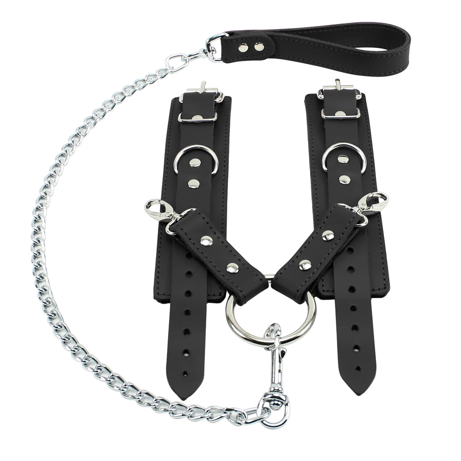 Leather Wrist Restraints with Hog Tie Chain Leash