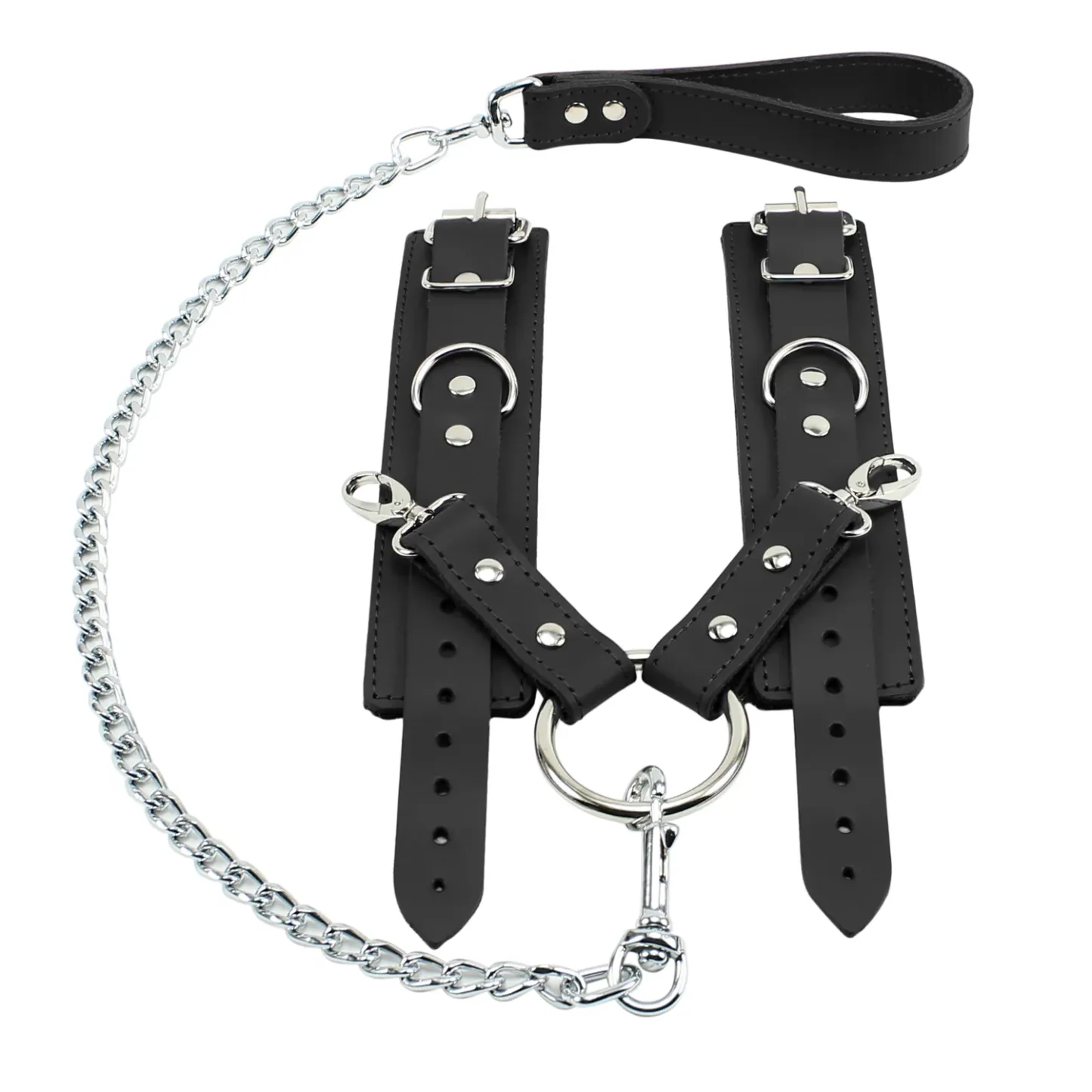Leather Wrist Restraints with Hog Tie Chain Leash