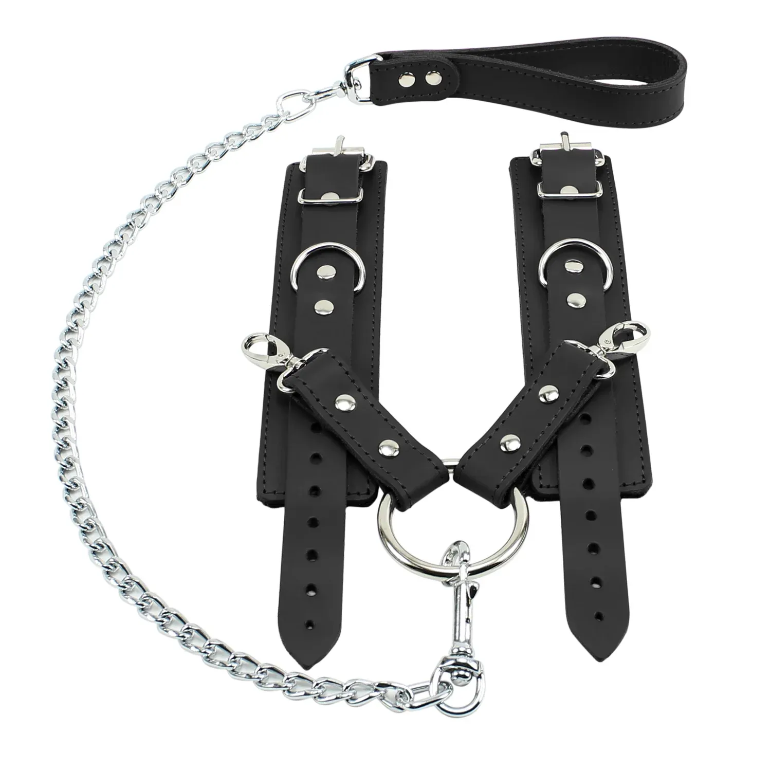 Leather Wrist Restraints with Hog Tie Chain Leash