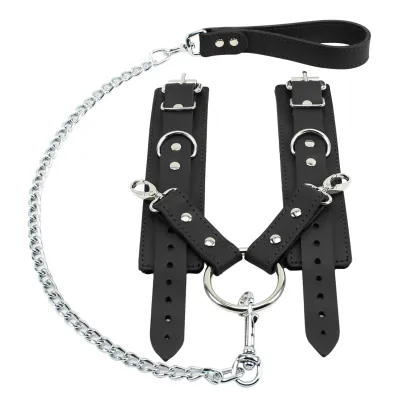 Leather Wrist Restraints with Hog Tie Chain Leash