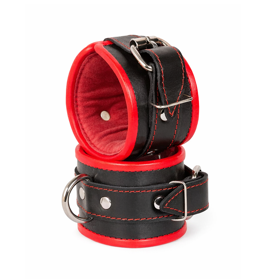 Leather Padded Wrist Cuffs with Red Trim & D Rings