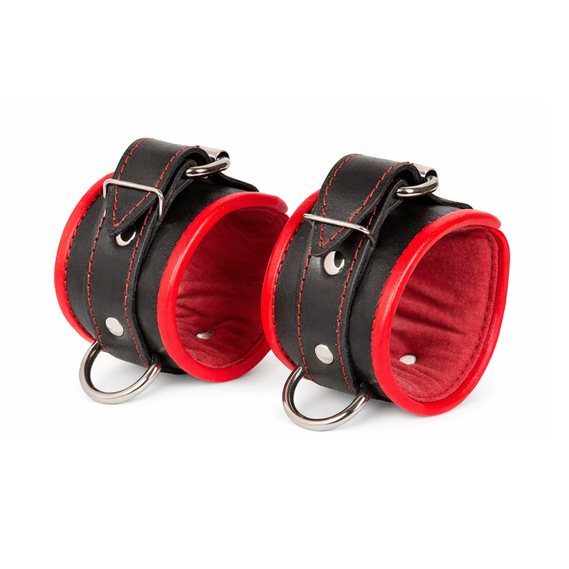 Leather Padded Wrist Cuffs with Red Trim & D Rings