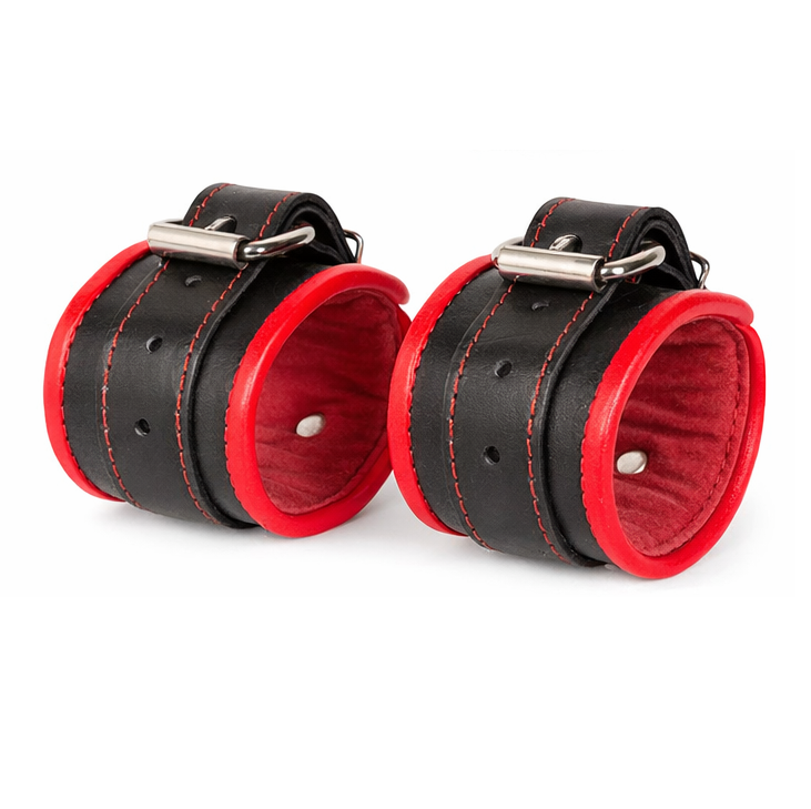 Leather Padded Wrist Cuffs with Red Trim & D Rings