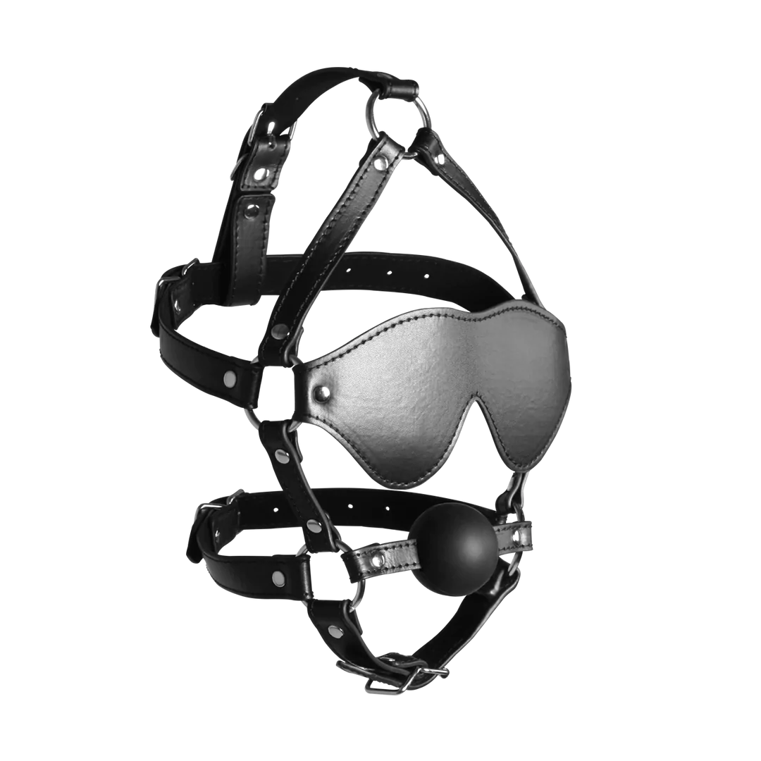 Blindfolded Head Harness with Solid Ball Gag - Black