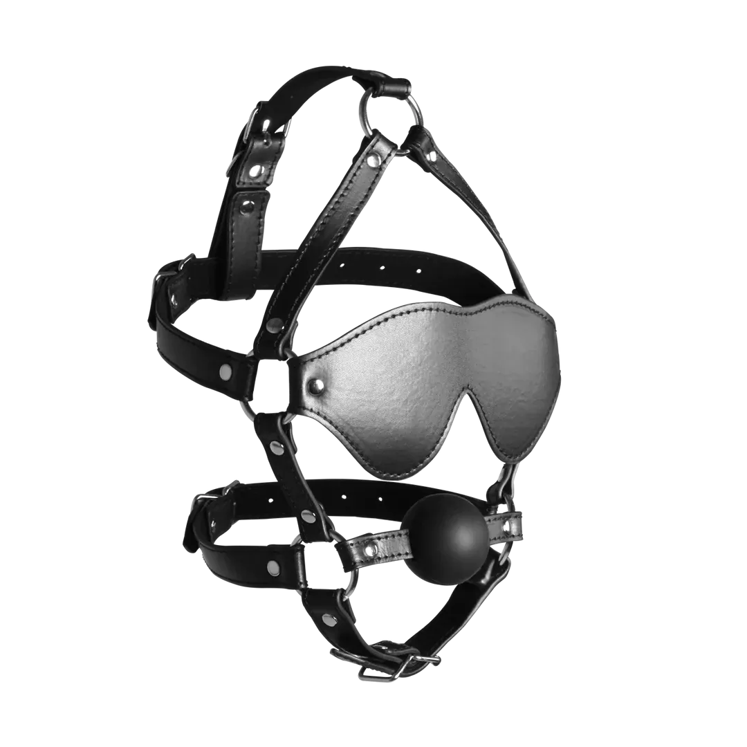 Blindfolded Head Harness with Solid Ball Gag - Black