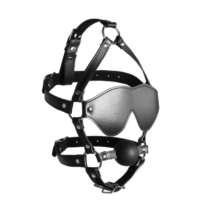 Blindfolded Head Harness with Solid Ball Gag - Black