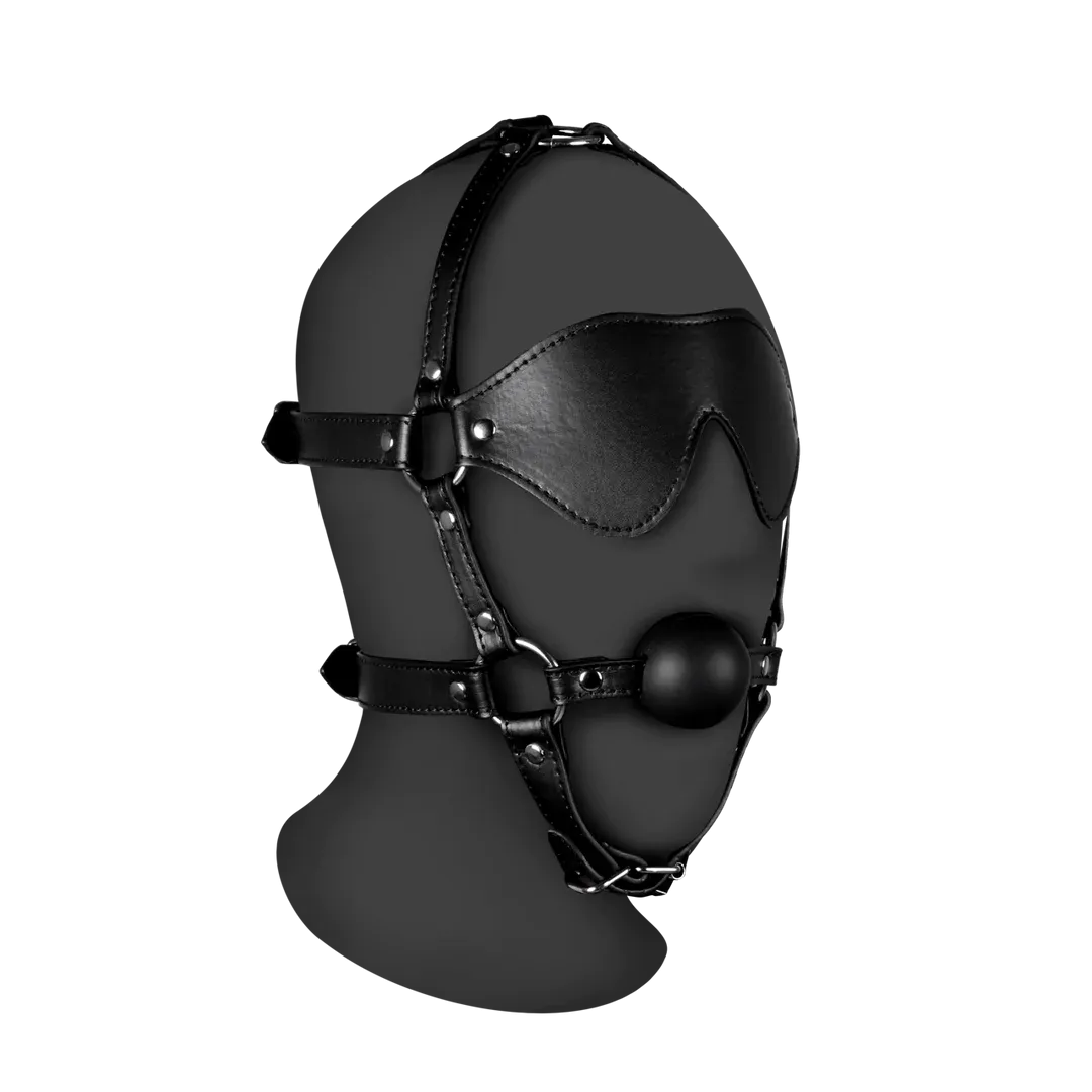 Blindfolded Head Harness with Solid Ball Gag - Black