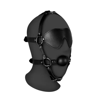 Blindfolded Head Harness with Solid Ball Gag - Black