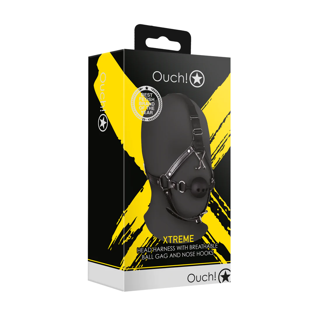 Head Harness with Breathable Ball Gag and Nose Hooks - Black