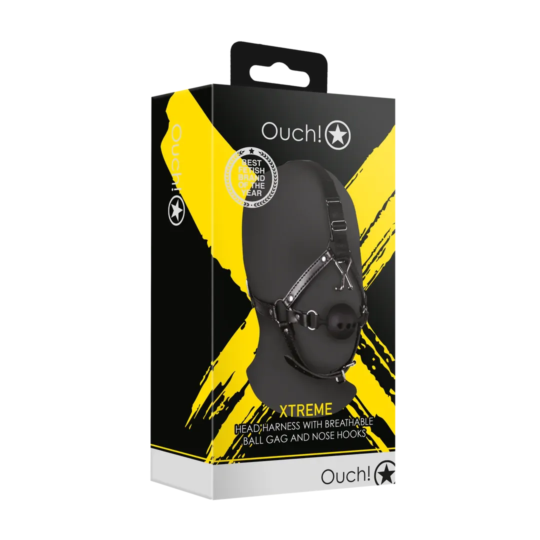 Head Harness with Breathable Ball Gag and Nose Hooks - Black