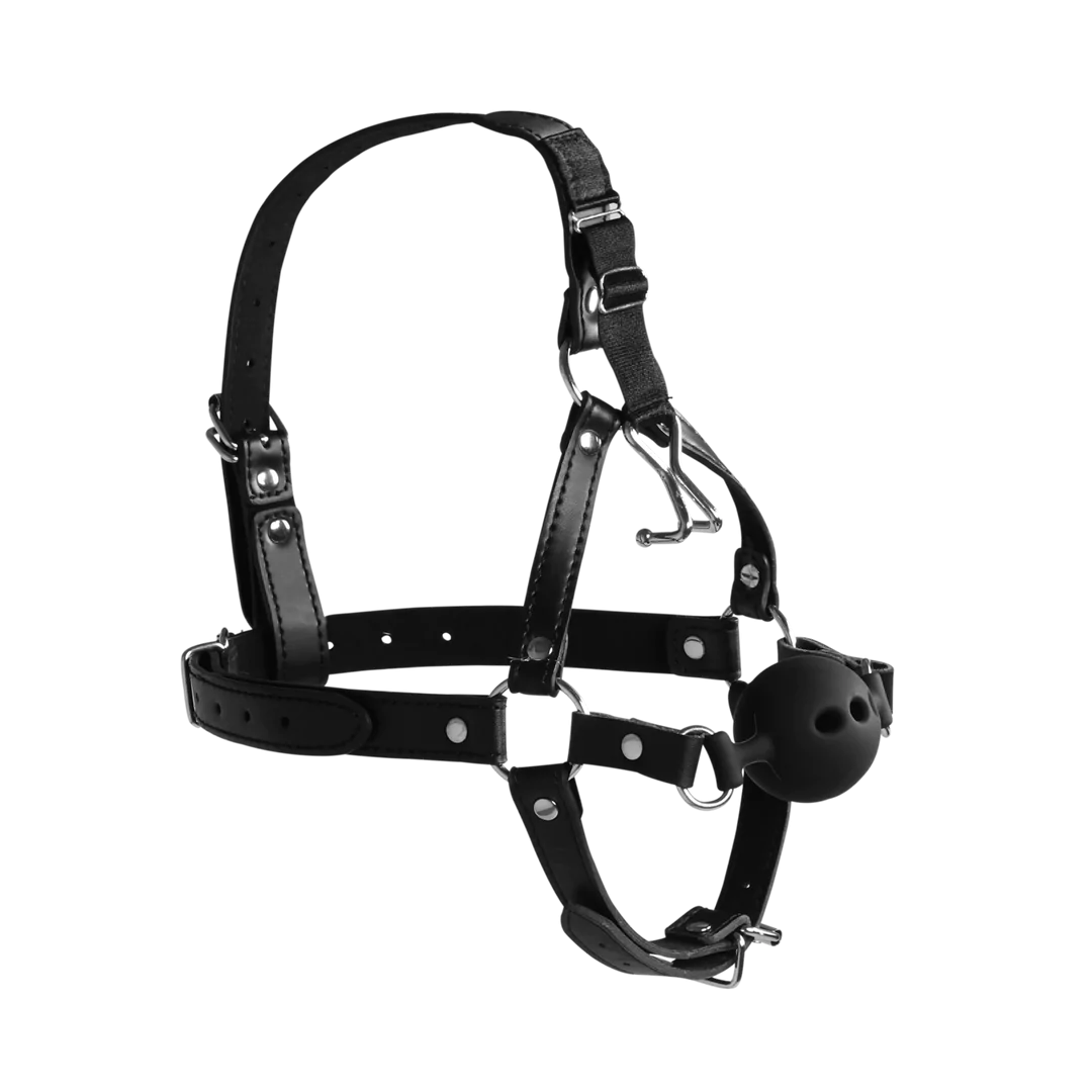 Head Harness with Breathable Ball Gag and Nose Hooks - Black