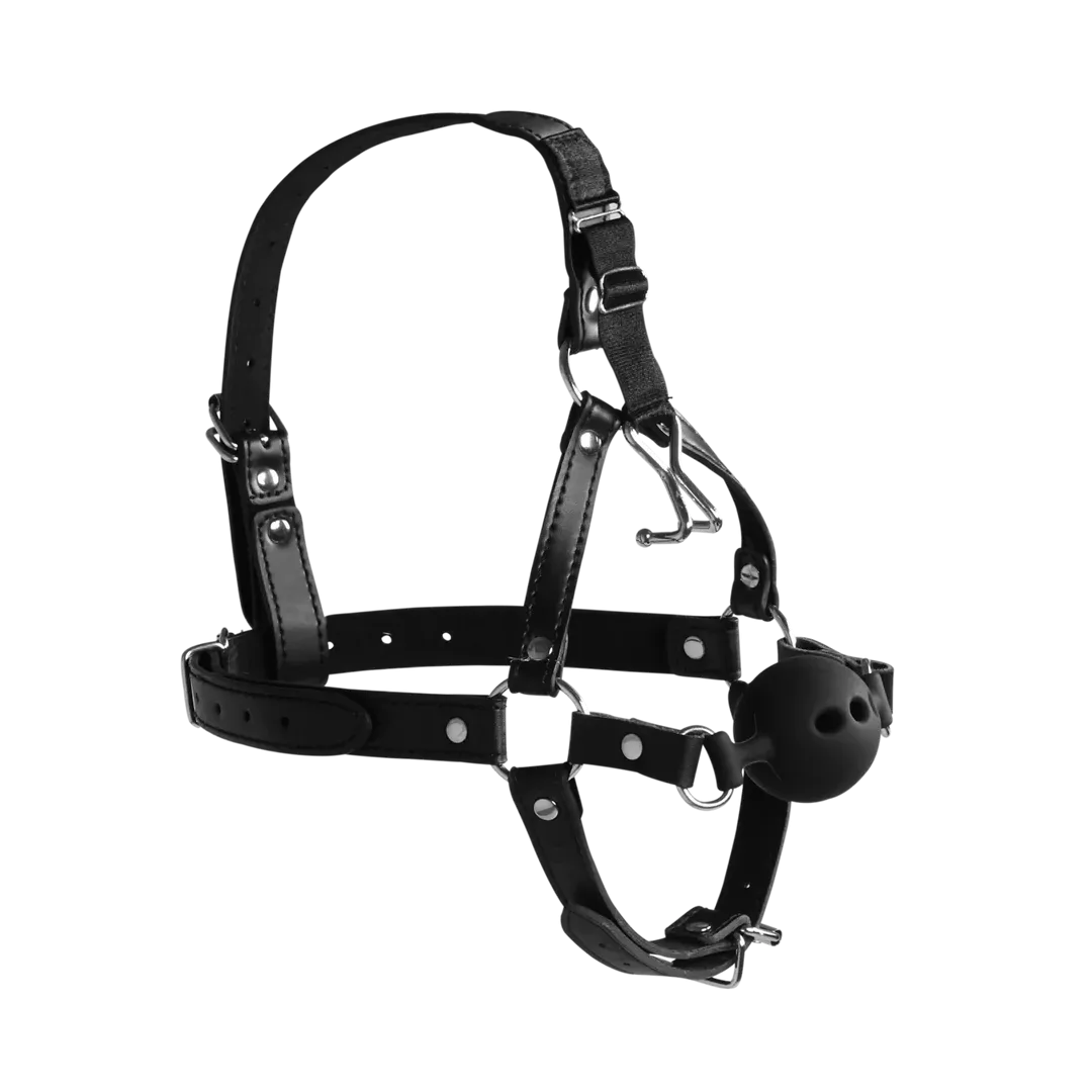 Head Harness with Breathable Ball Gag and Nose Hooks - Black