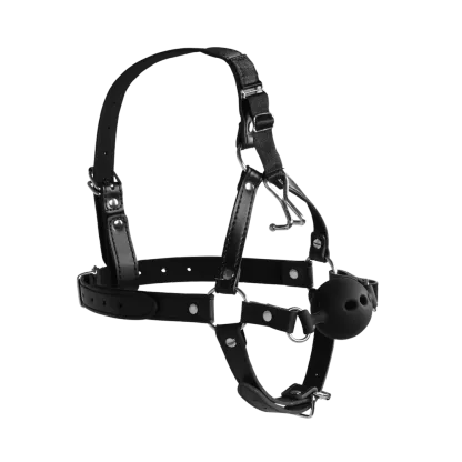 Head Harness with Breathable Ball Gag and Nose Hooks - Black