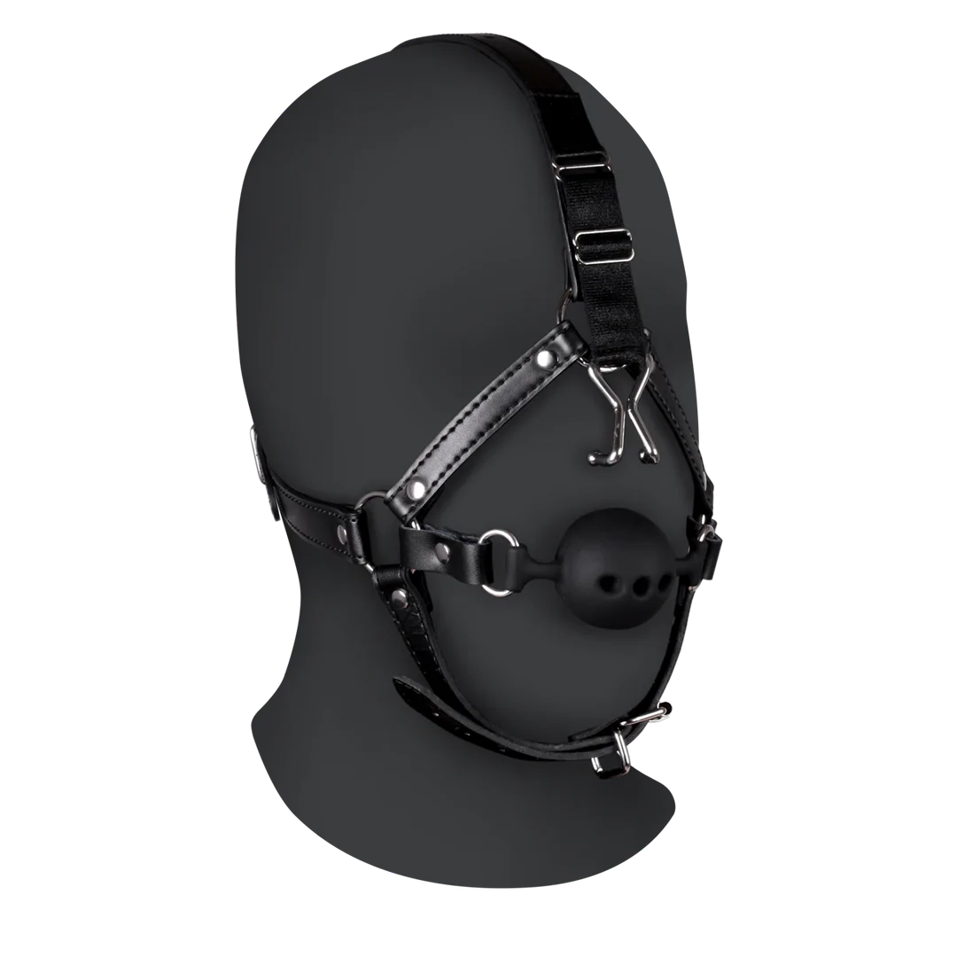 Head Harness with Breathable Ball Gag and Nose Hooks - Black