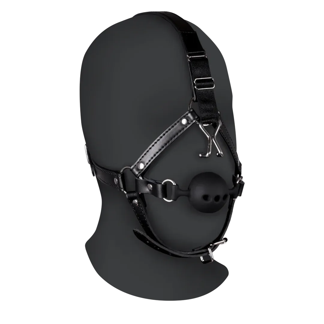 Head Harness with Breathable Ball Gag and Nose Hooks - Black