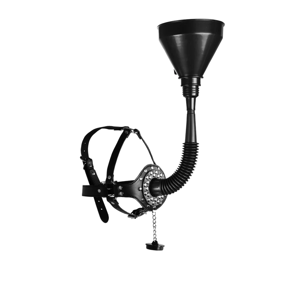 Open Mouth Gag Head Harness with Funnel - Black