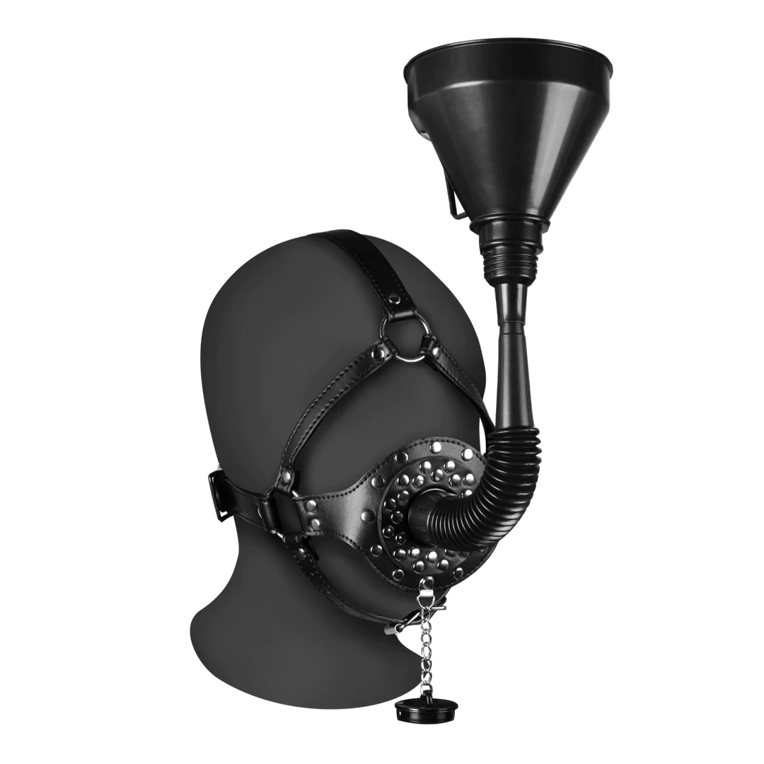 Open Mouth Gag Head Harness with Funnel - Black