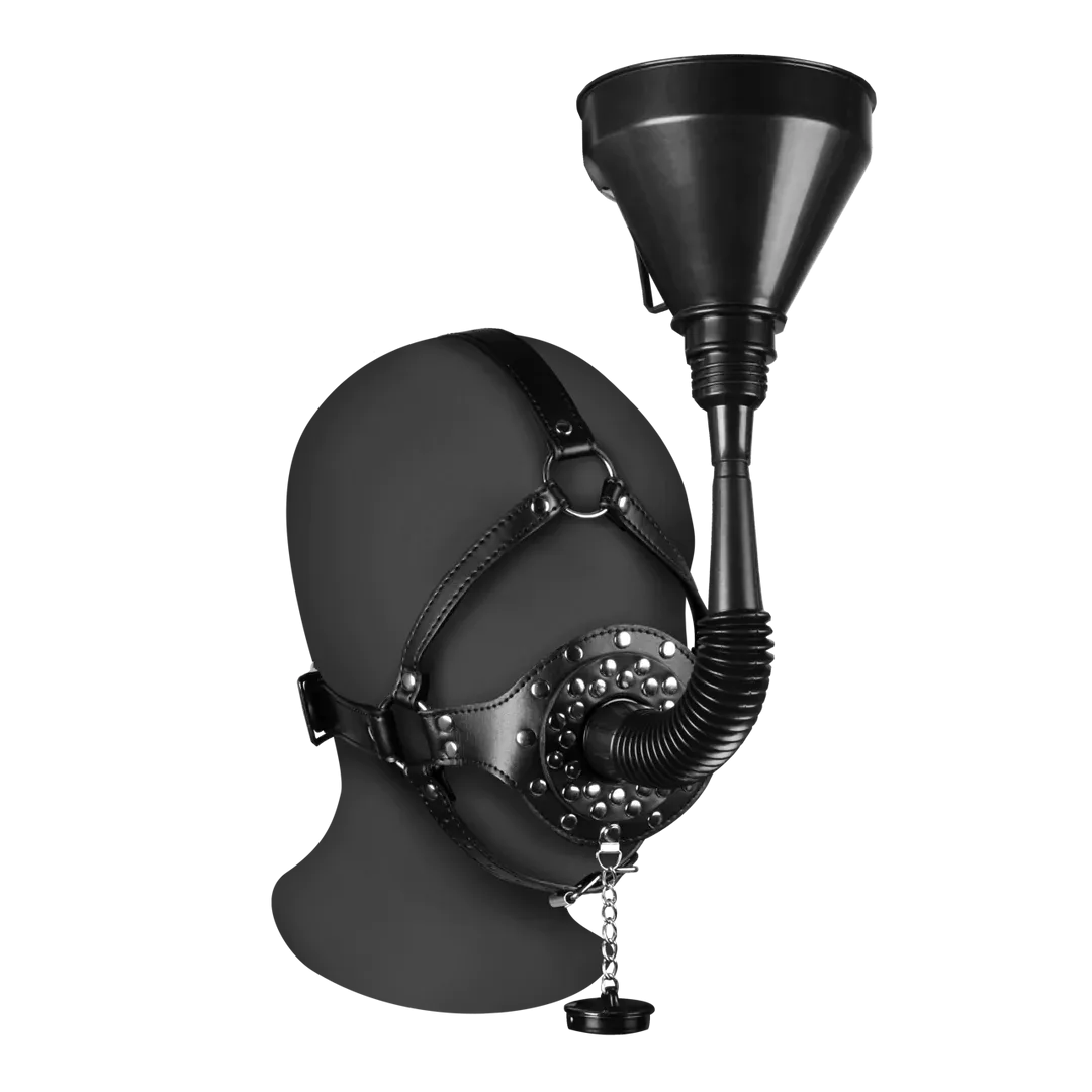 Open Mouth Gag Head Harness with Funnel - Black