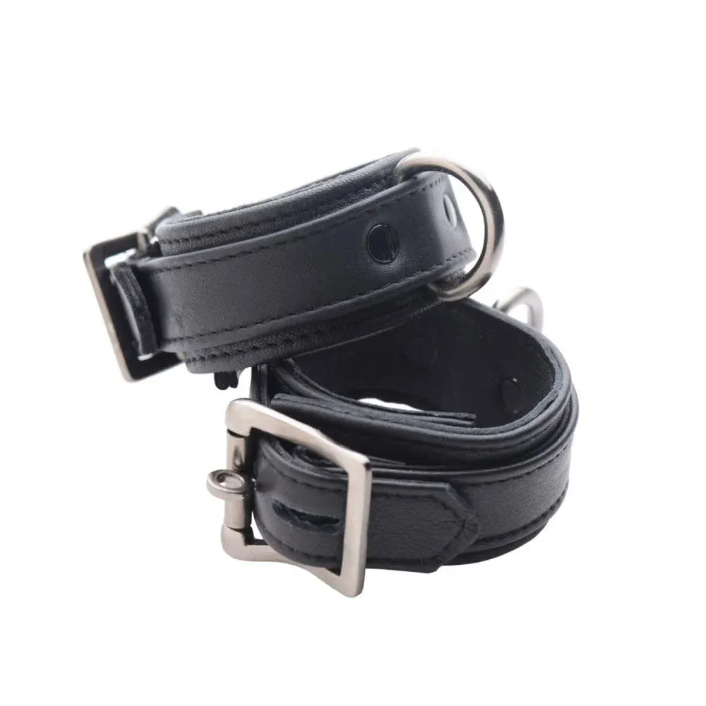 Black Bondage Locking Ankle Cuffs with Silver Hardware