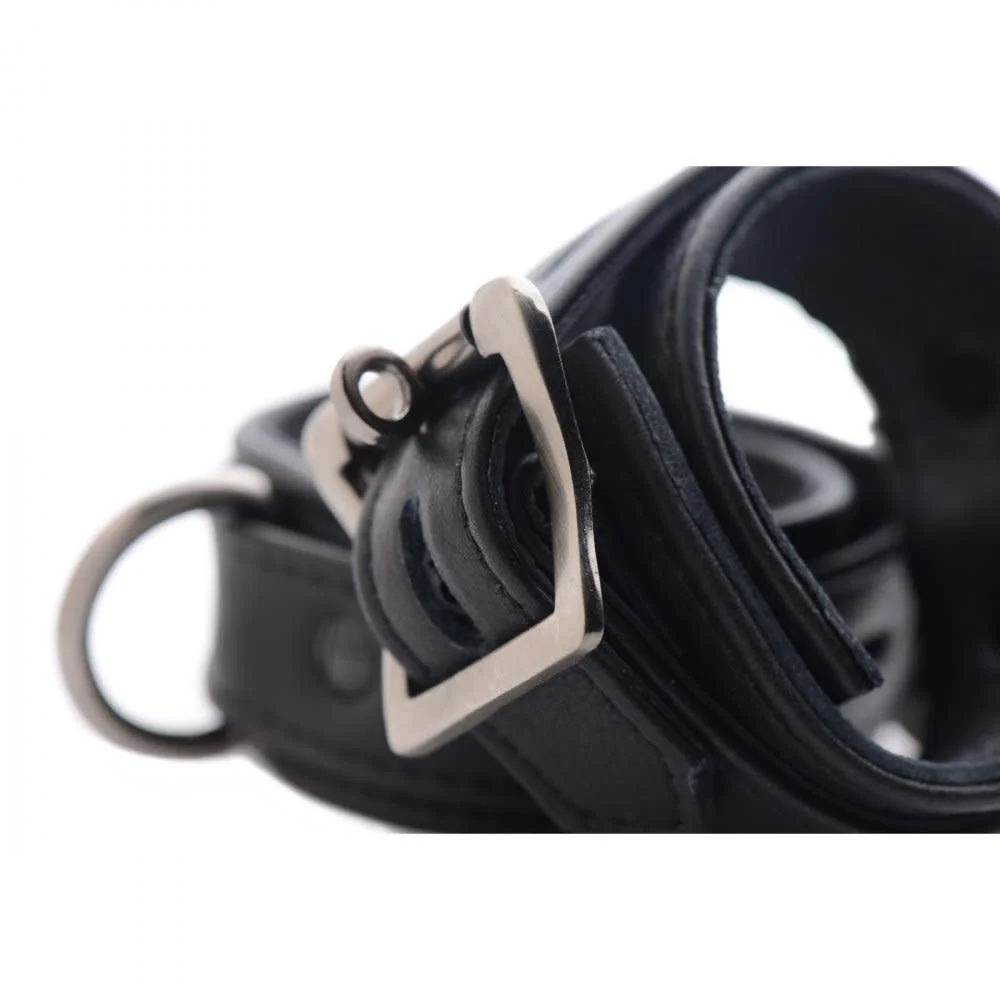 Black Bondage Locking Ankle Cuffs with Silver Hardware