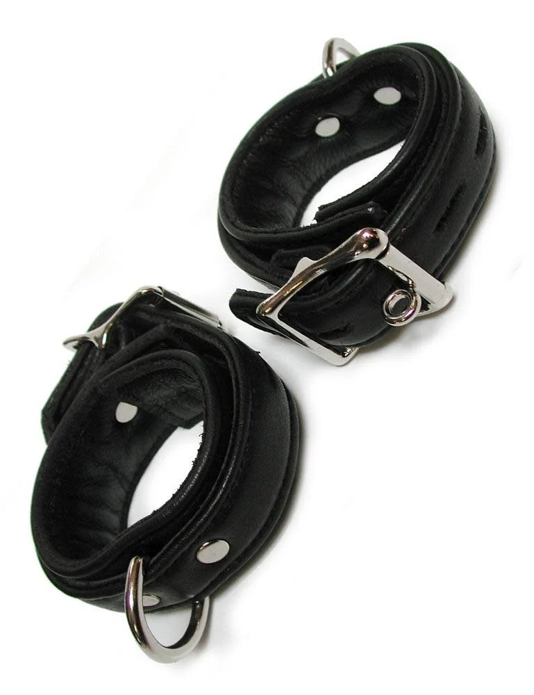 Black Bondage Locking Ankle Cuffs with Silver Hardware