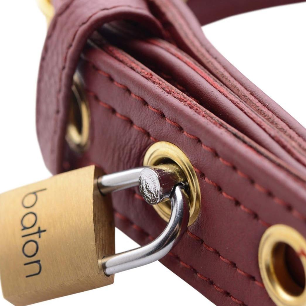 Burgundy Bondage Locking Collar with Gold Hardware