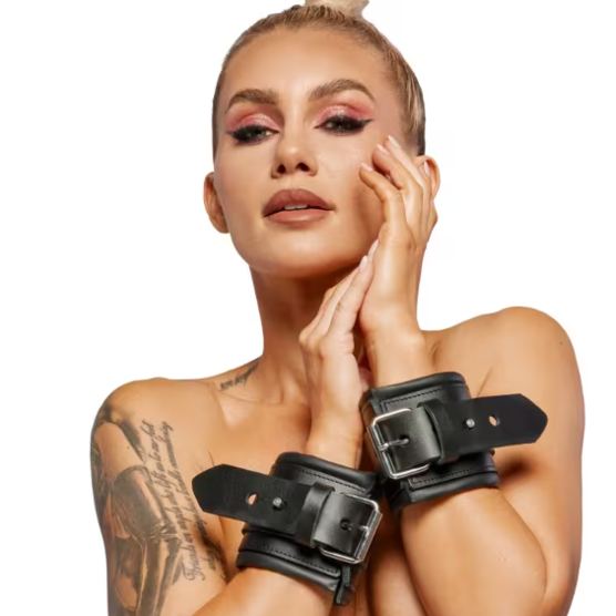 Leather Padded Wrist Cuffs with Trigger Hook 