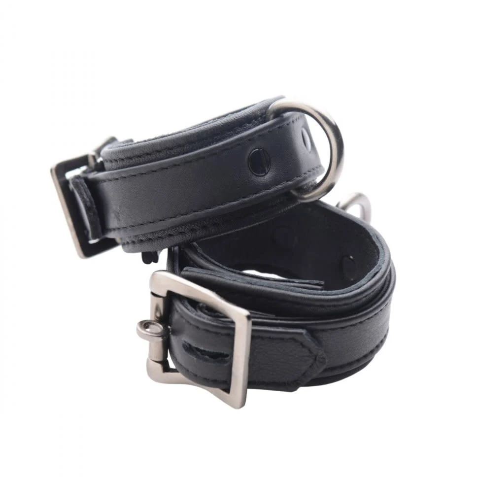 Black Bondage Locking Wrist Cuffs with Silver Hardware