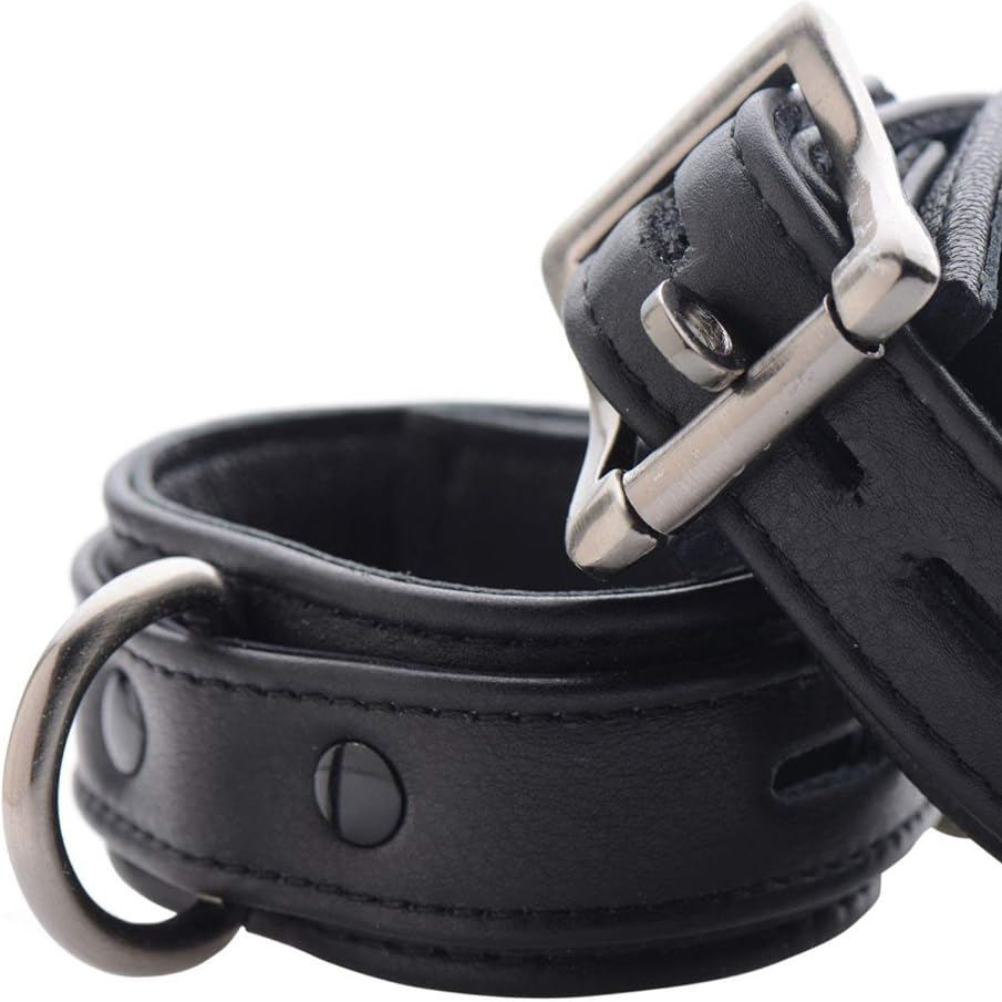 Black Bondage Locking Ankle Cuffs with Silver Hardware